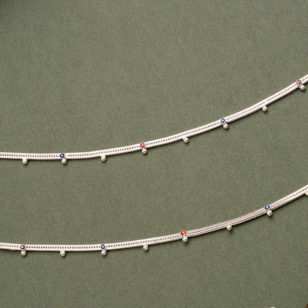 Minimal Enamel Pattern Silver Anklet