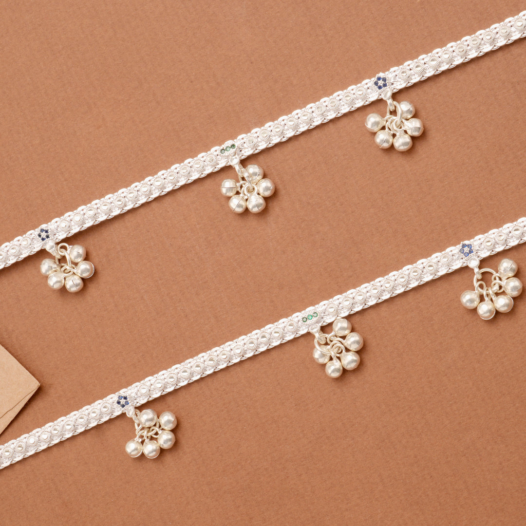 Deluxe Enamel Detail Bell Drop Silver Anklet