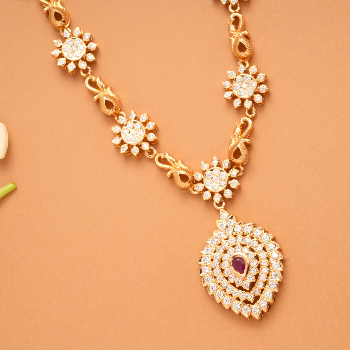 Traditional White Stone Centre Ruby Golden Necklace