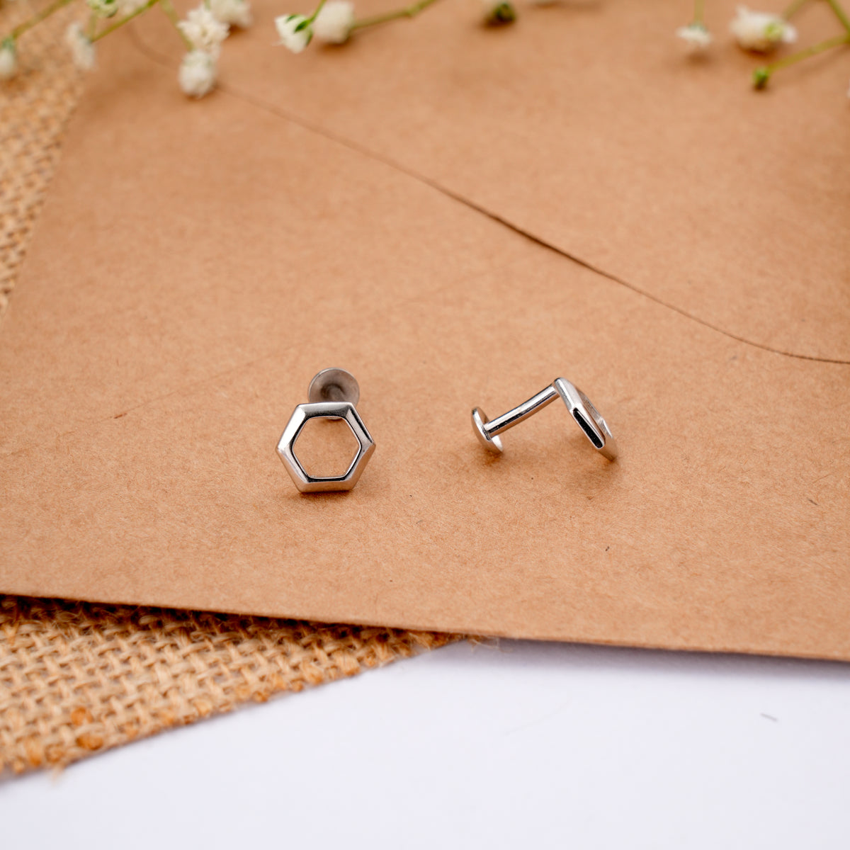 Elegant Hexagon Shape Silver Stud