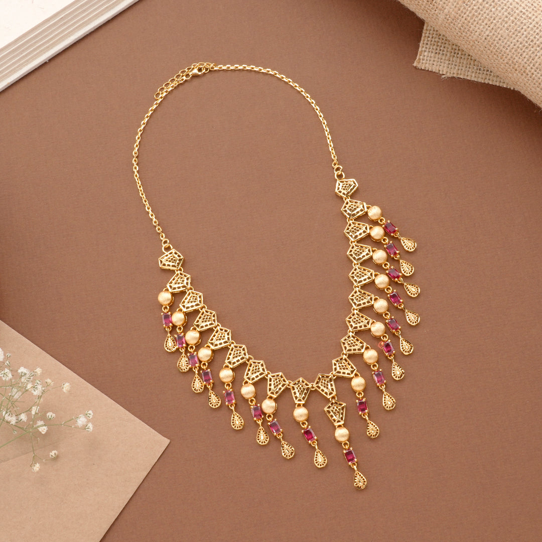 Ruby Stone Drops Casting Golden Necklace Set