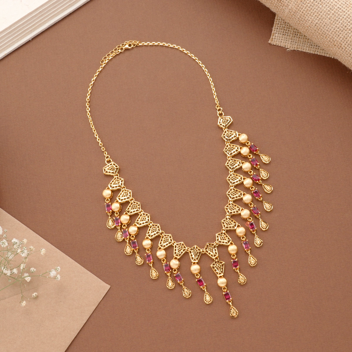 Ruby Stone Drops Casting Golden Necklace Set