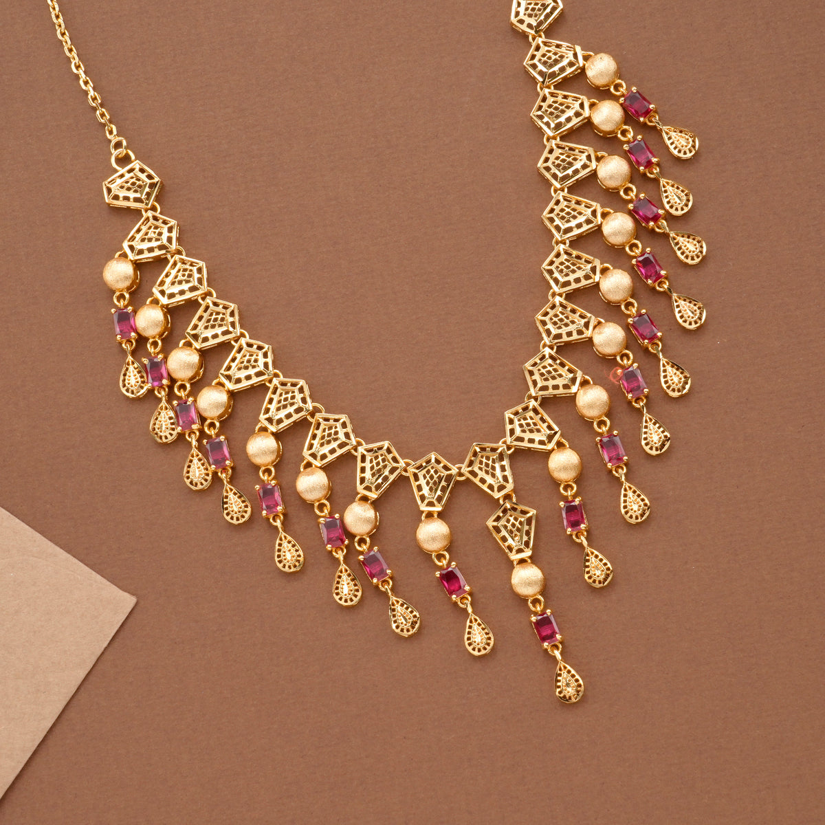 Ruby Stone Drops Casting Golden Necklace Set