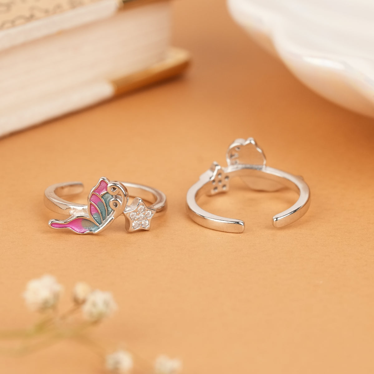 Pink Blue Butterfly Star Silver Toe Ring