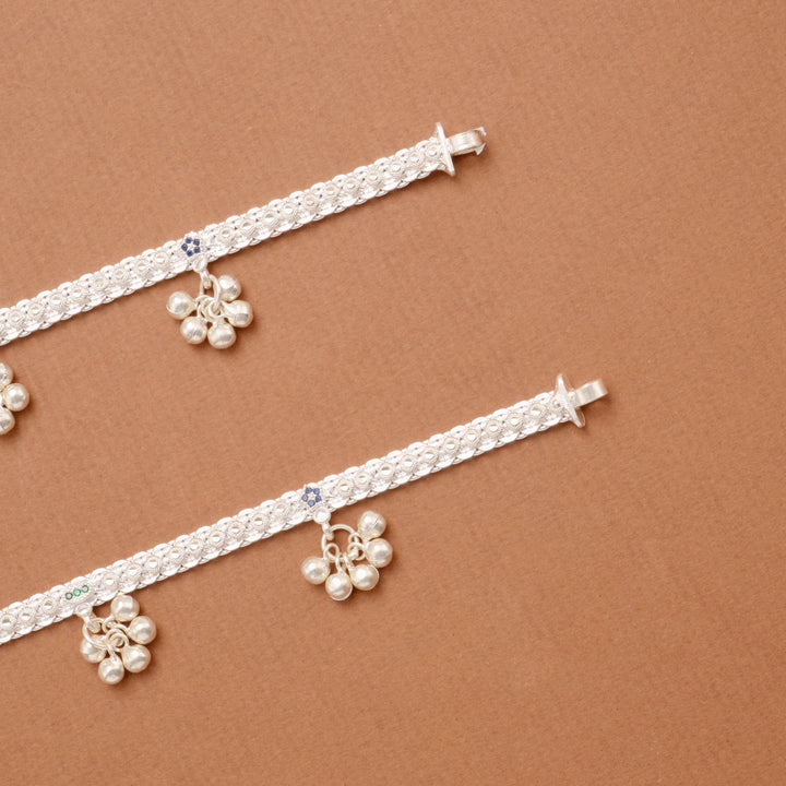 Deluxe Enamel Detail Bell Drop Silver Anklet