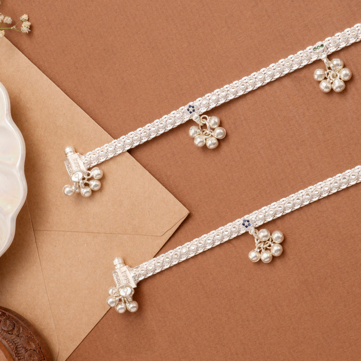 Deluxe Enamel Detail Bell Drop Silver Anklet
