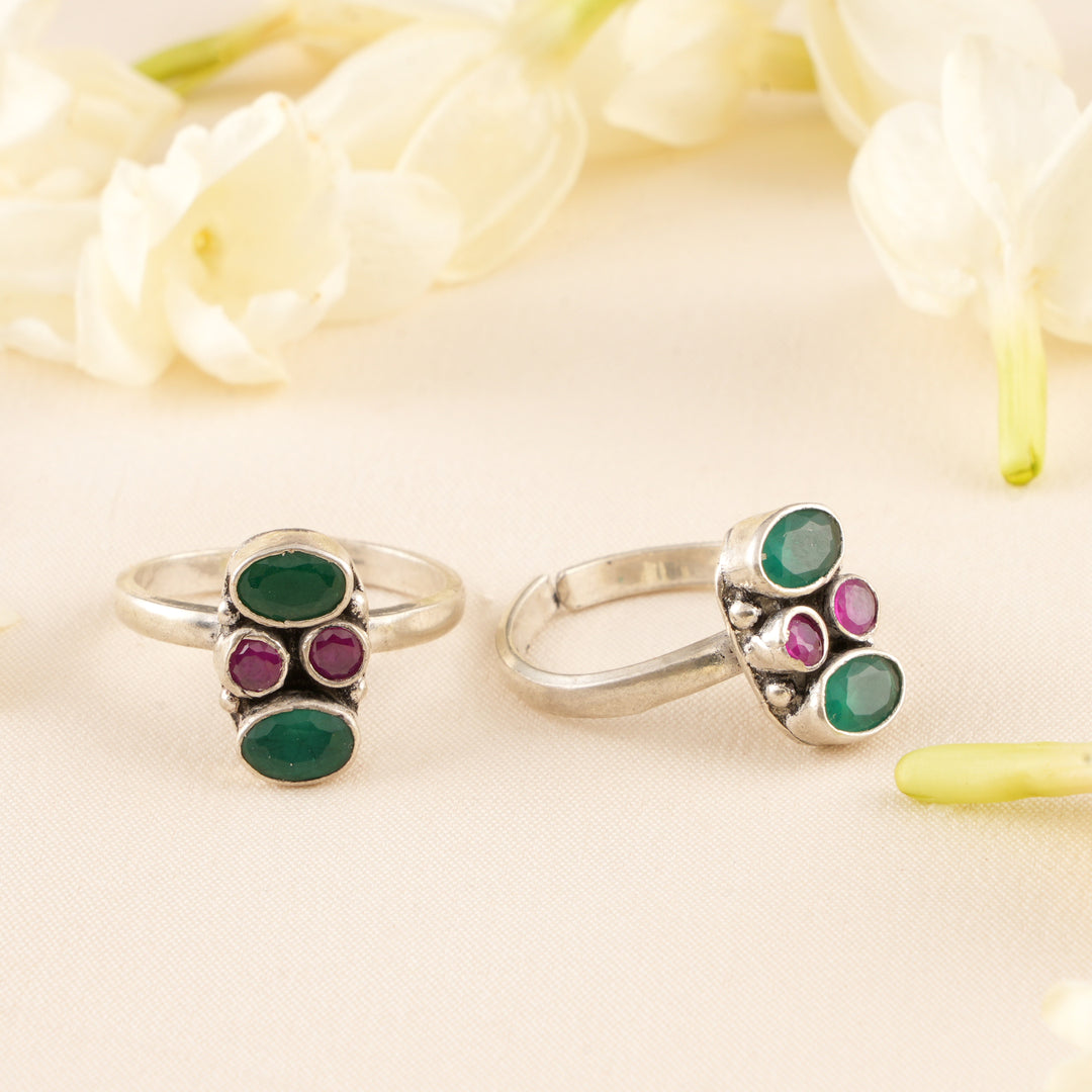 Circle Ruby and Emerald Silver Toe Ring