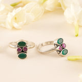 Circle Ruby and Emerald Silver Toe Ring
