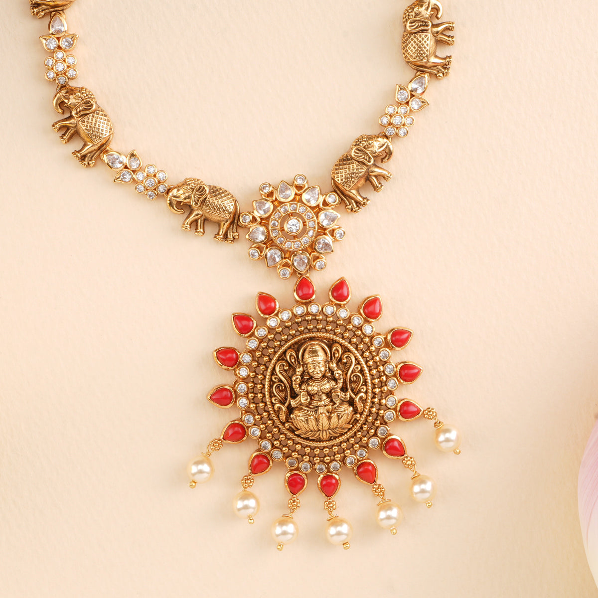 Coral Lakshmi with Elephant Design Necklace