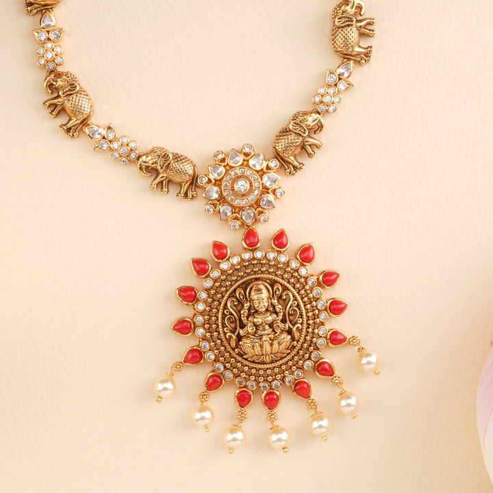 Coral Lakshmi with Elephant Design Necklace