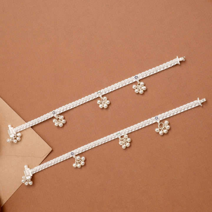 Deluxe Enamel Detail Bell Drop Silver Anklet