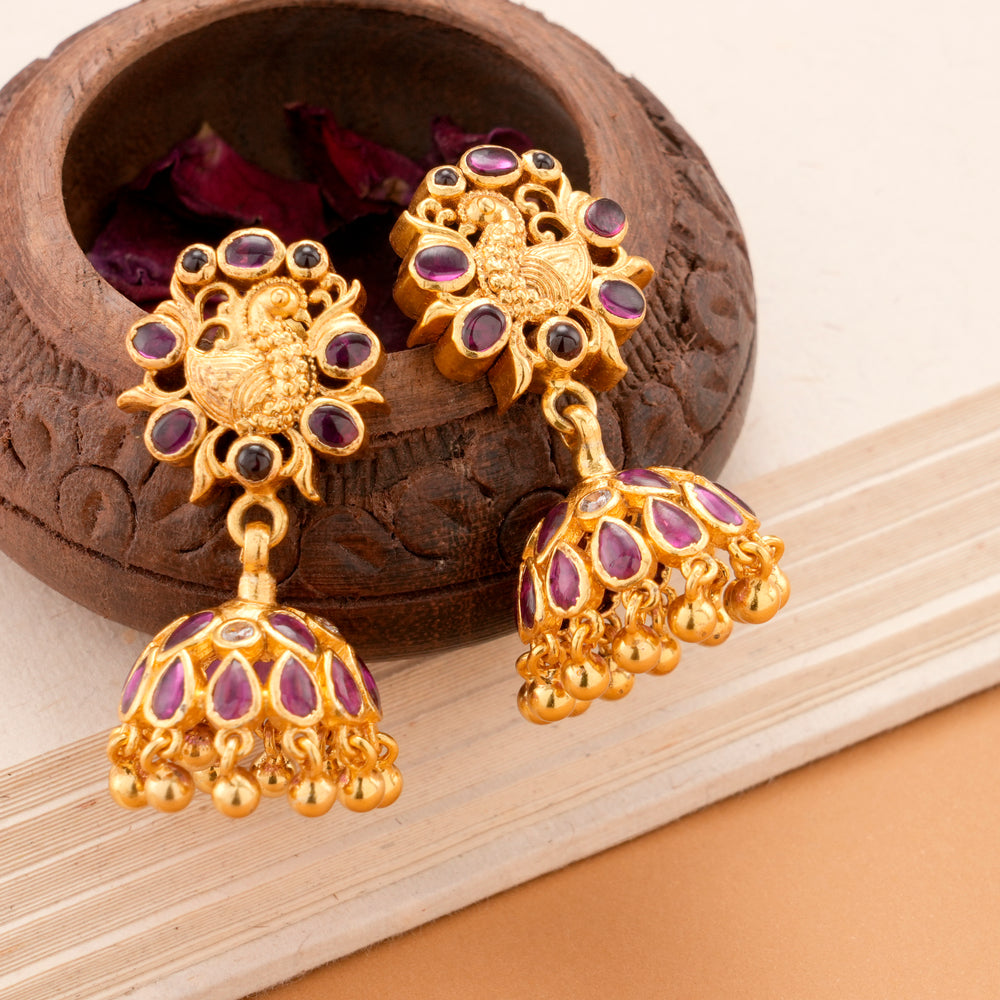 Traditional Peacock & Ruby Golden Jhumkas