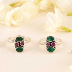 Circle Ruby and Emerald Silver Toe Ring