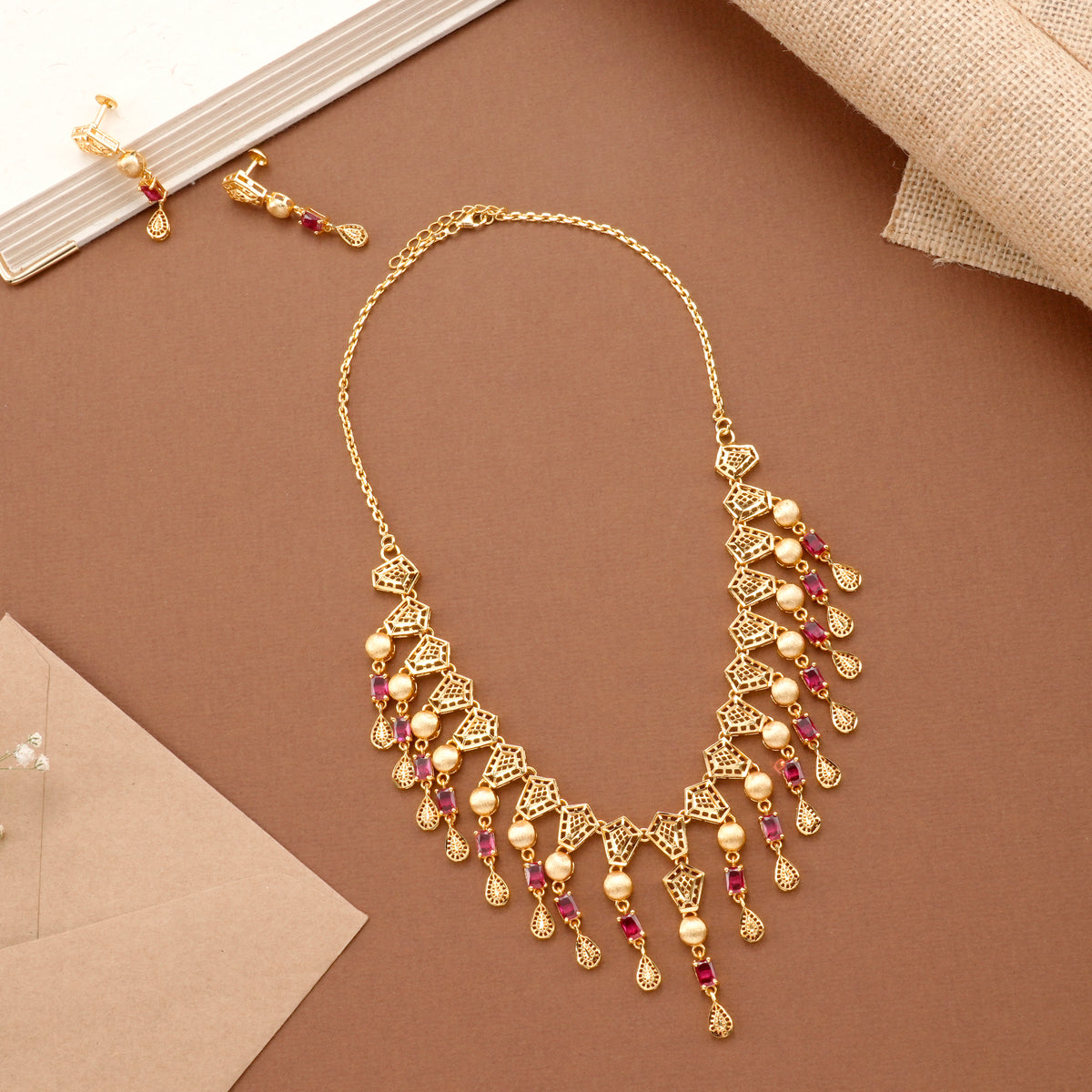 Ruby Stone Drops Casting Golden Necklace Set