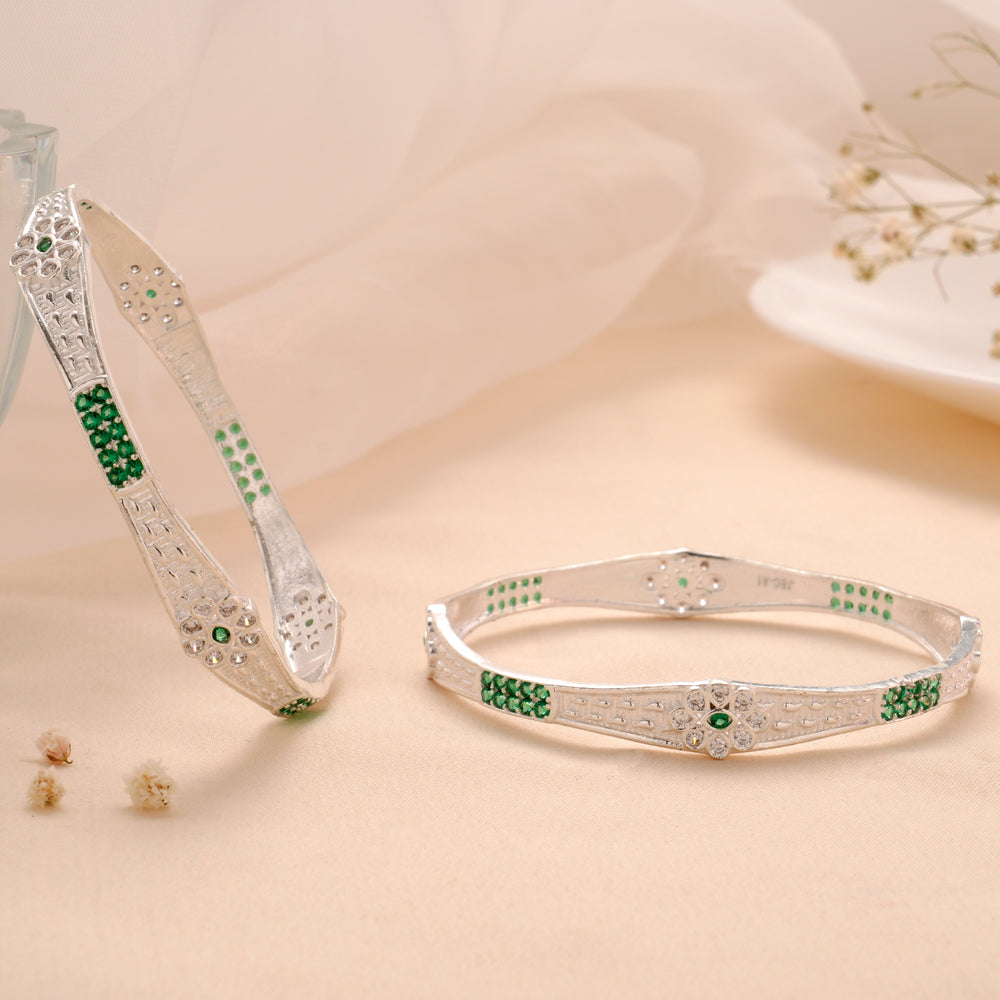 Shining Floral Green Stone Silver Bangle