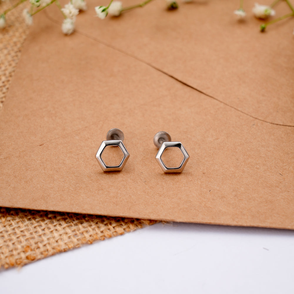 Elegant Hexagon Shape Silver Stud