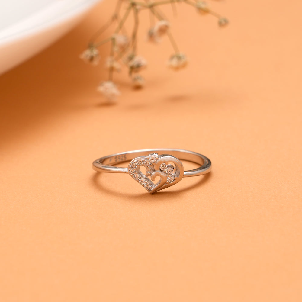 Twin Heart CZ Stone Silver Ring