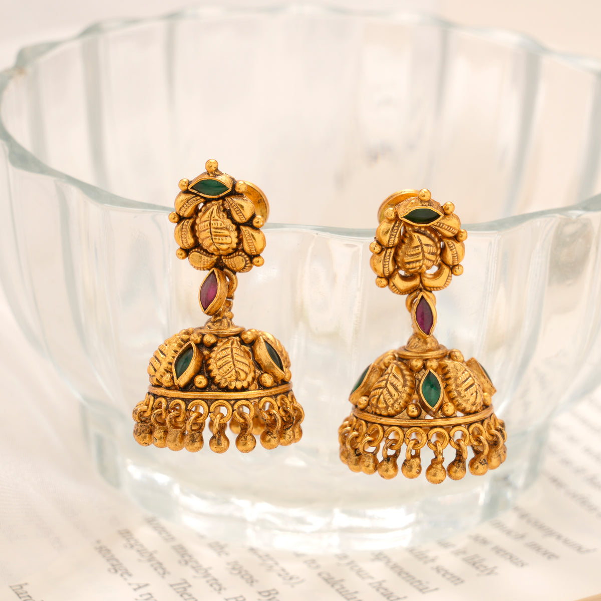 Leaf Motif with Green & Ruby Antique Jhumka