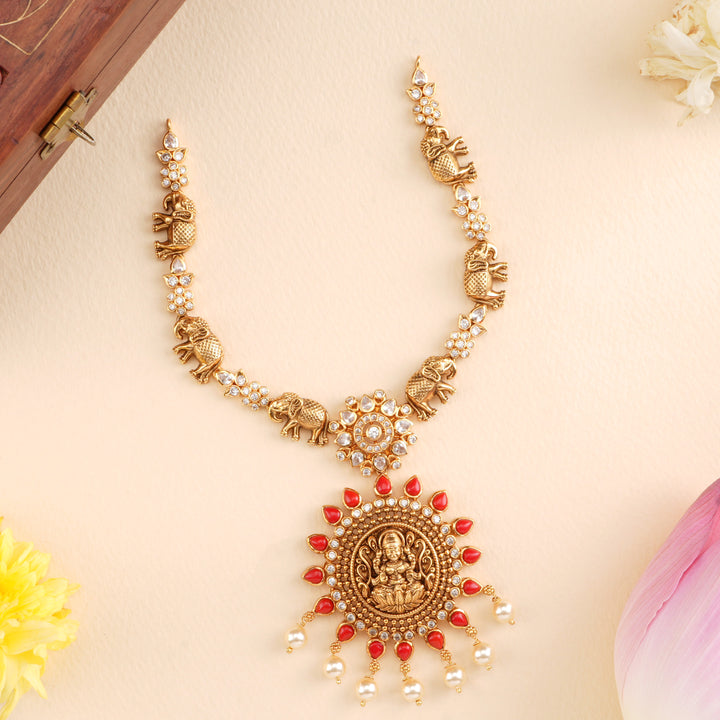 Coral Lakshmi with Elephant Design Necklace