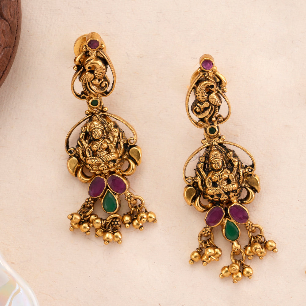 Antique Peacock Lakshmi Golden Beads Earring