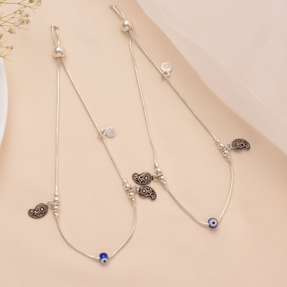 Mango Leaf Evil Eye Silver Anklet