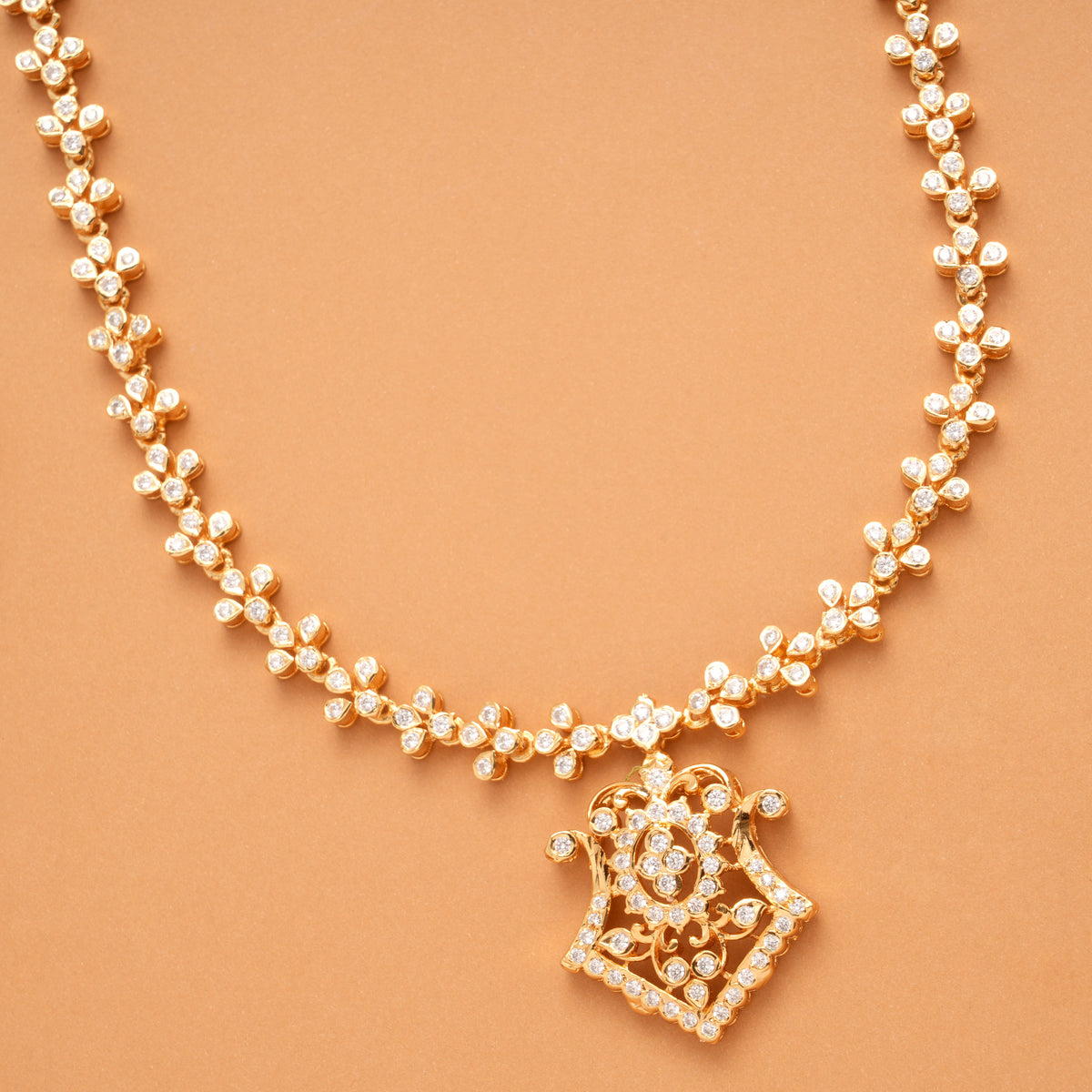 Elegant Flower Pot Design White Stone Golden Necklace