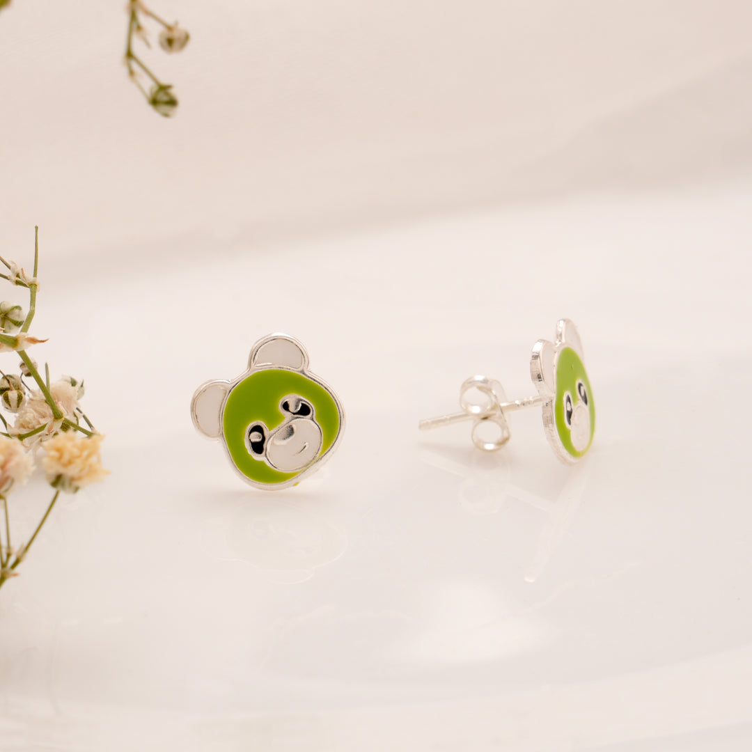 Green Enamel Panda Face Silver Stud