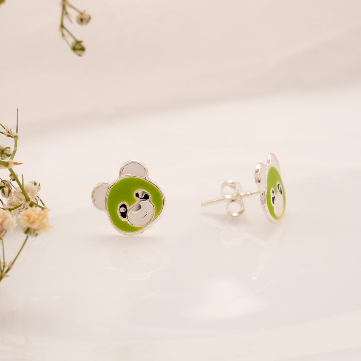 Green Enamel Panda Face Silver Stud