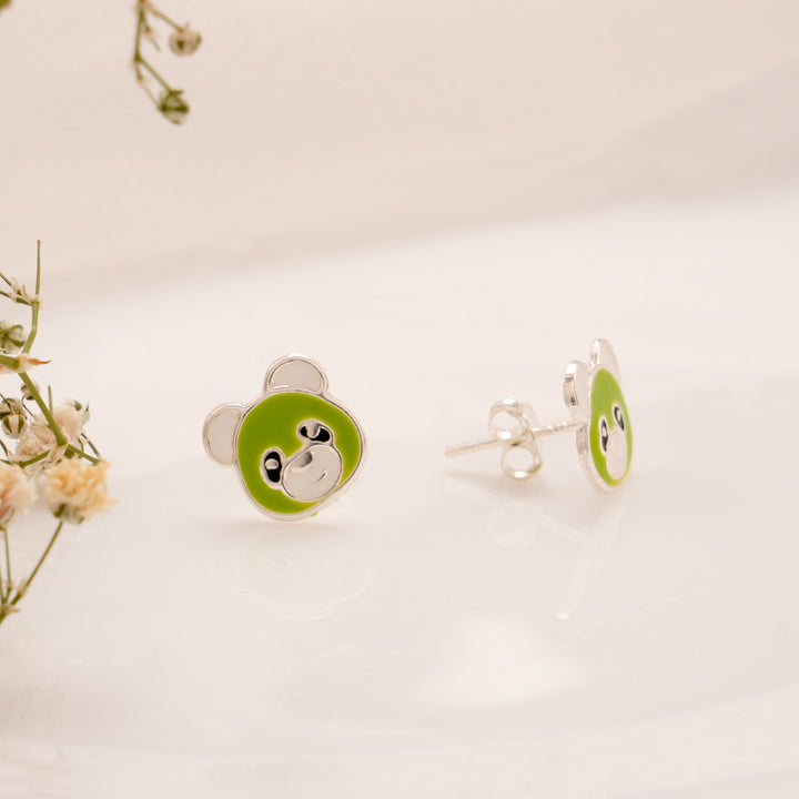 Green Enamel Panda Face Silver Stud