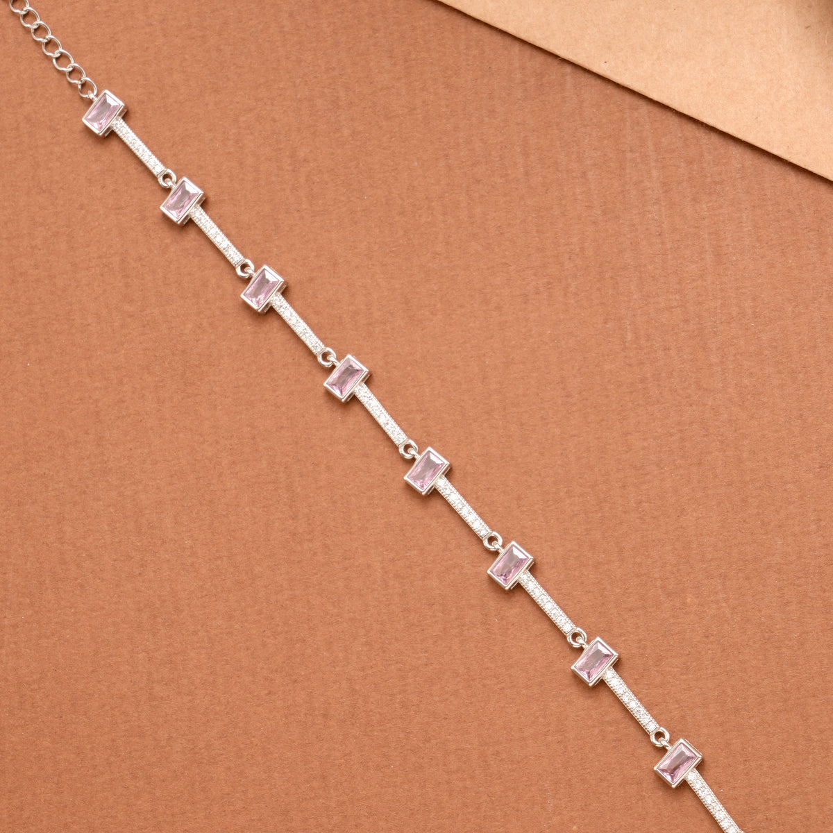 Baby Pink Rectangular Stone Silver Women’s Bracelet