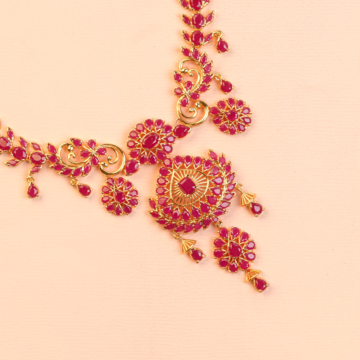 Gold Plated Silver Leaf Link Chain Ruby-Red Haram