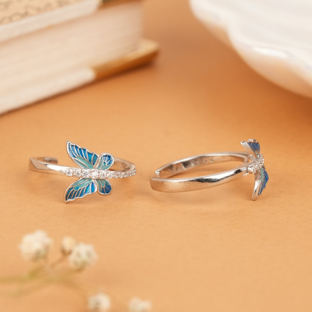 Elegant Blue Enamel Butterfly Silver Toe Ring
