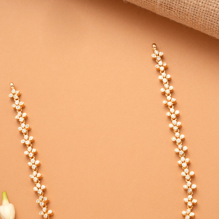 Elegant Flower Pot Design White Stone Golden Necklace