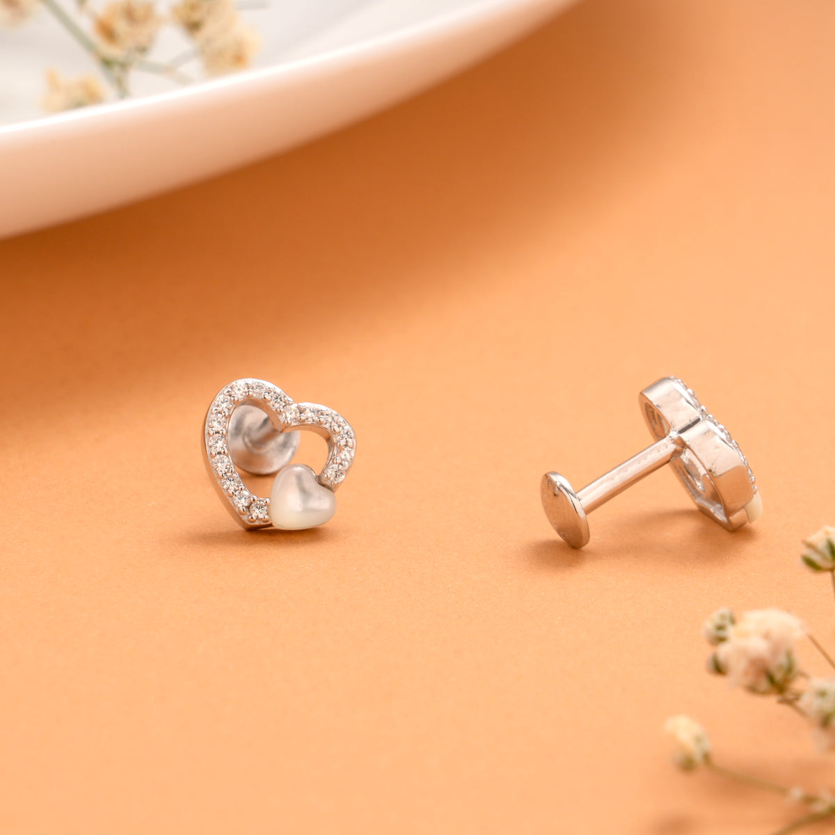 Dual Shape Heart with Stone Silver Stud