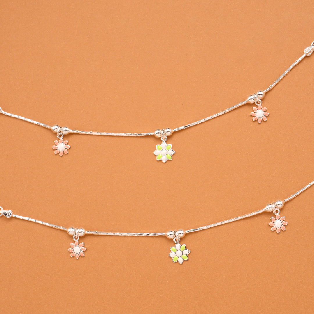 Multicolour Tri Floral Fancy Silver Baby Anklets