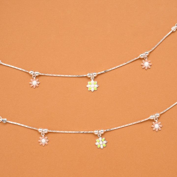 Multicolour Tri Floral Fancy Silver Baby Anklets