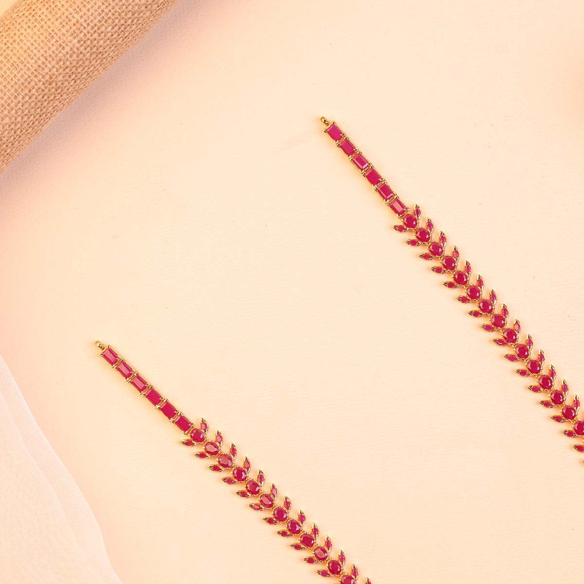 Gold Plated Silver Leaf Link Chain Ruby-Red Haram
