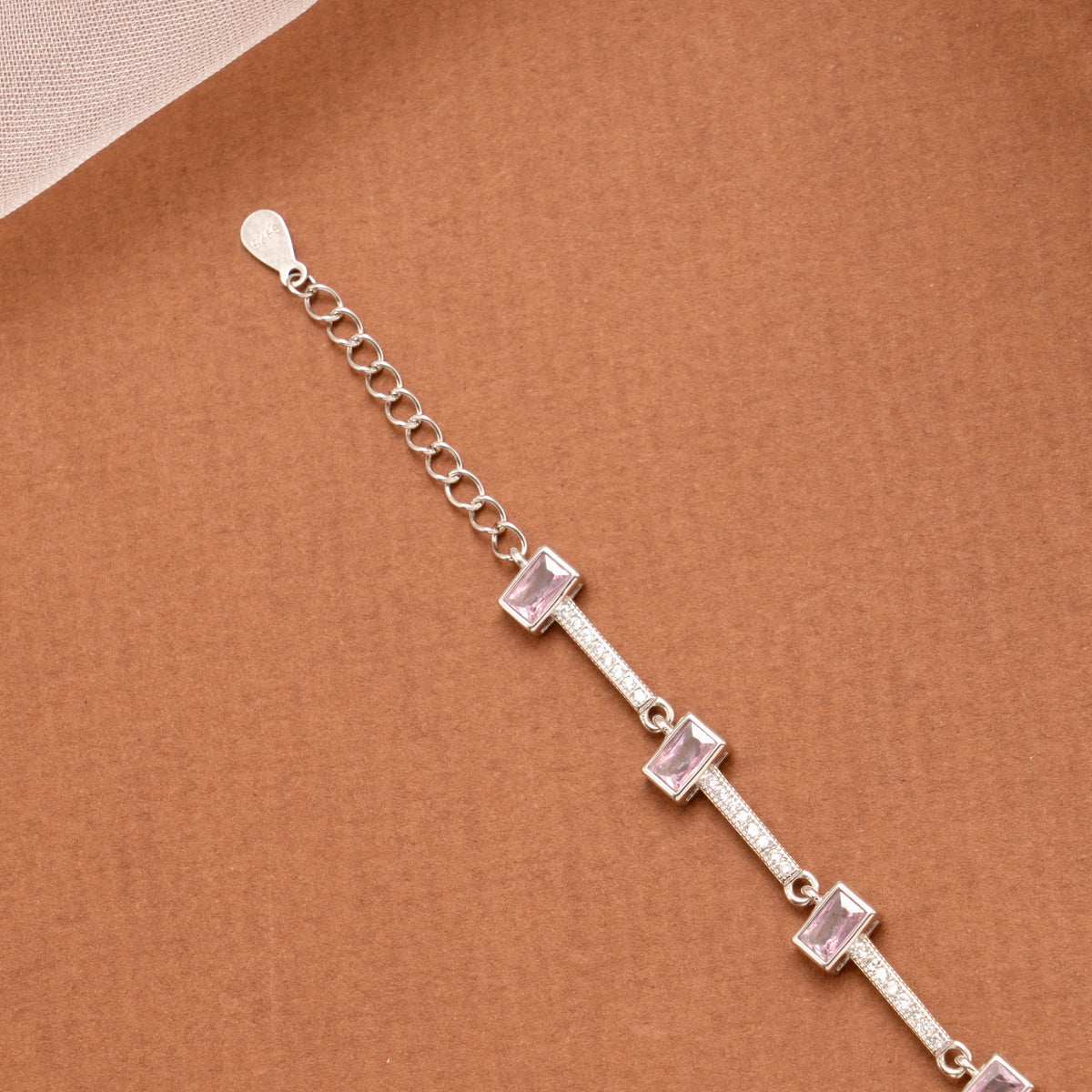 Baby Pink Rectangular Stone Silver Women’s Bracelet