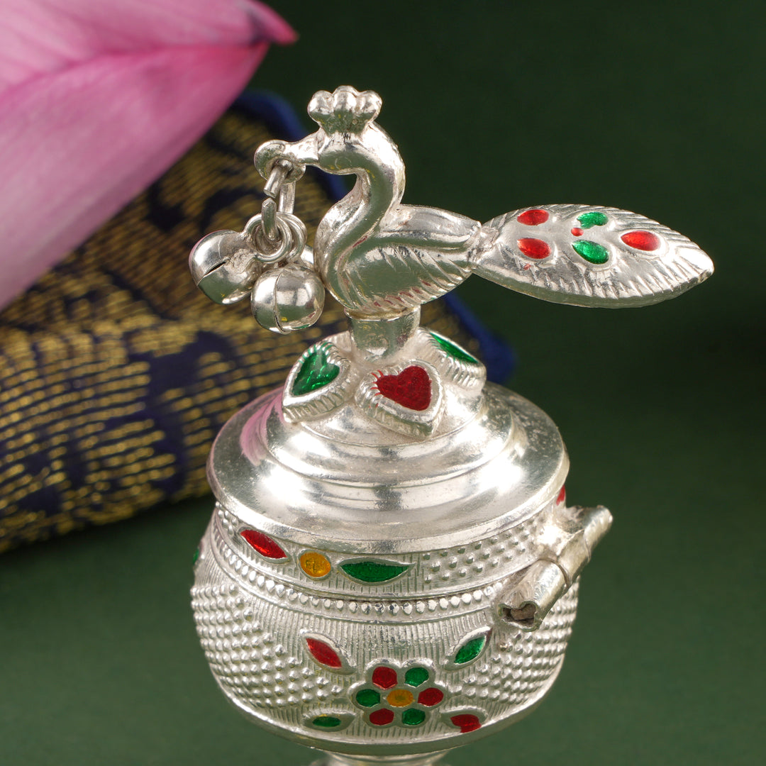 Elegant Peacock Design Silver Kumkum Box