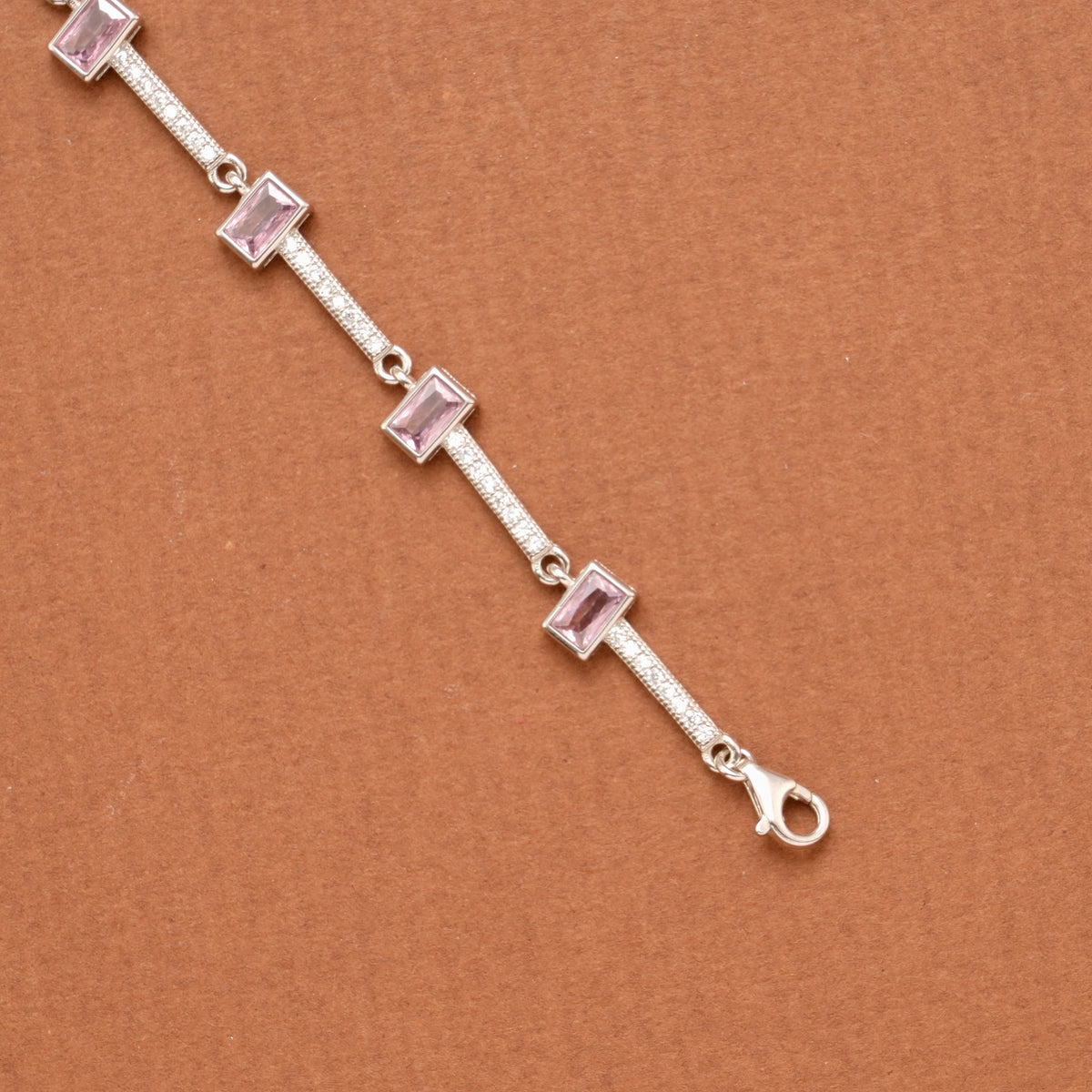 Baby Pink Rectangular Stone Silver Women’s Bracelet