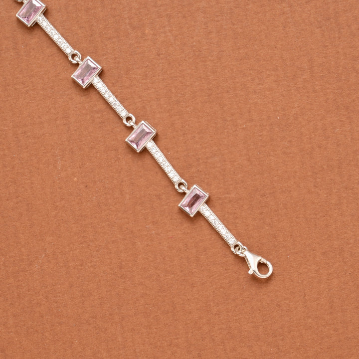 Baby Pink Rectangular Stone Silver Women’s Bracelet