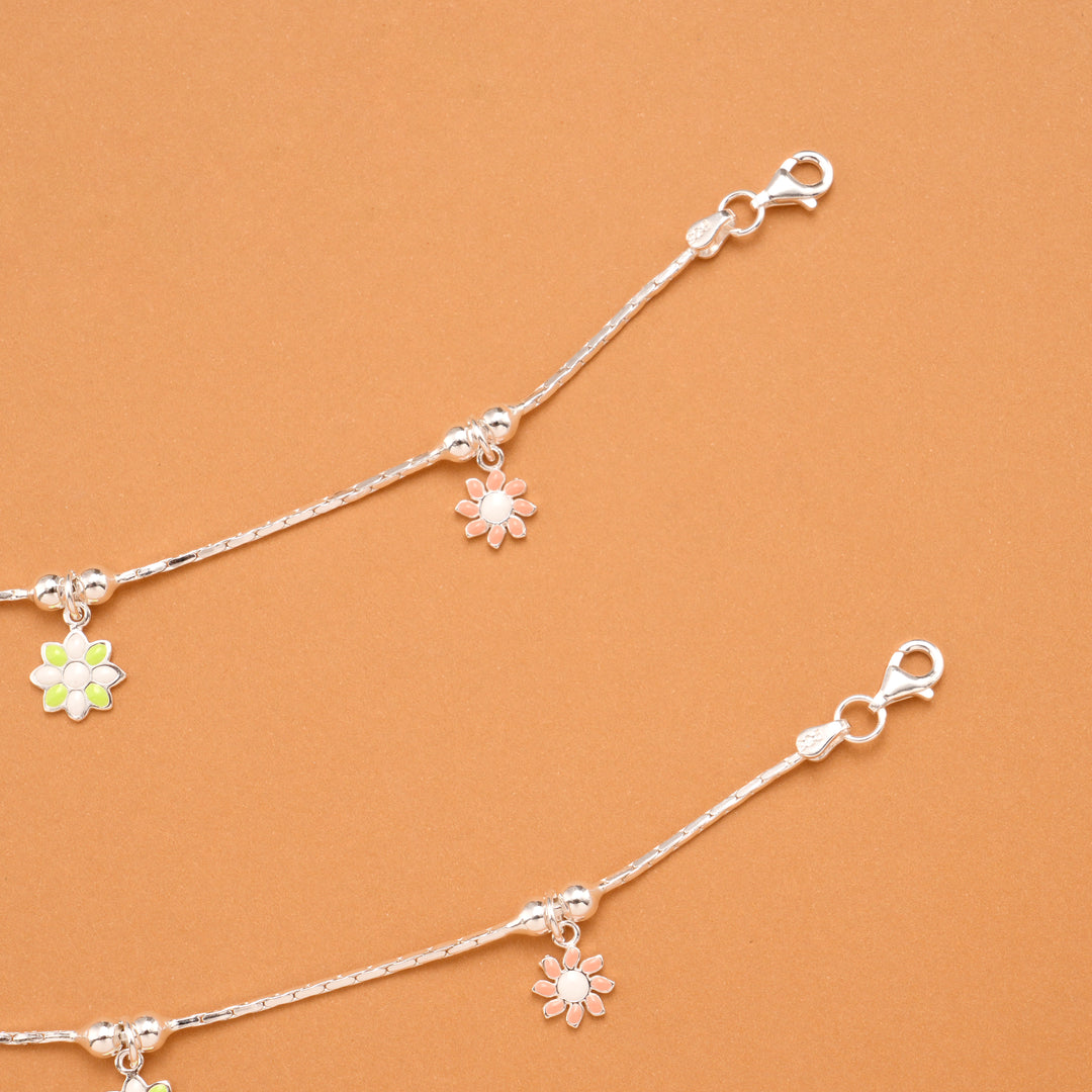 Multicolour Tri Floral Fancy Silver Baby Anklets