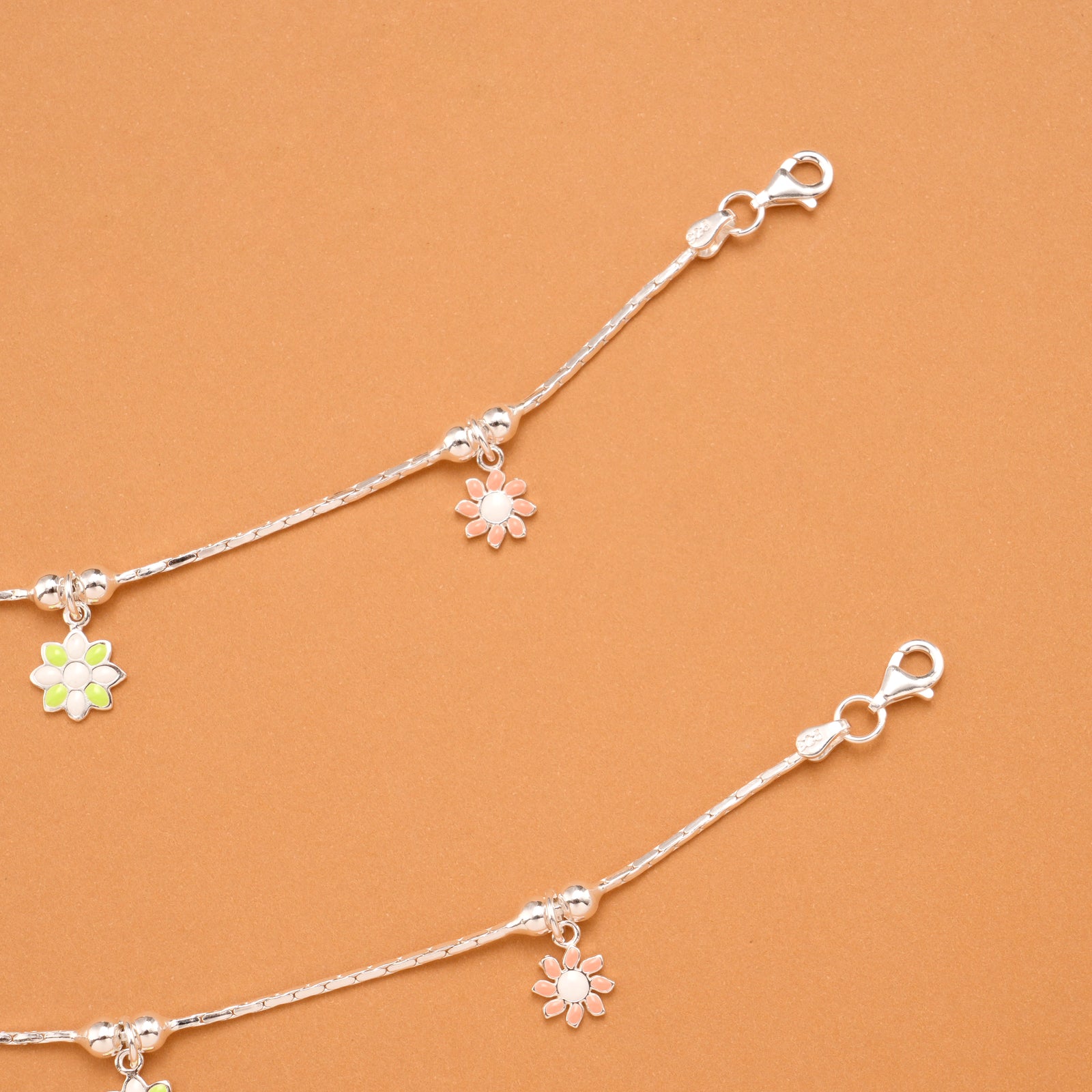 Multicolour Tri Floral Fancy Silver Baby Anklets
