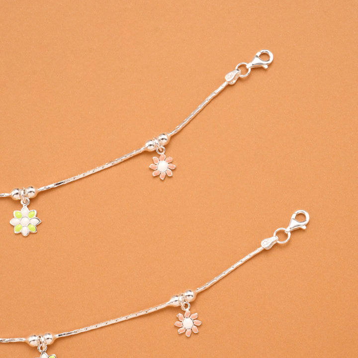 Multicolour Tri Floral Fancy Silver Baby Anklets