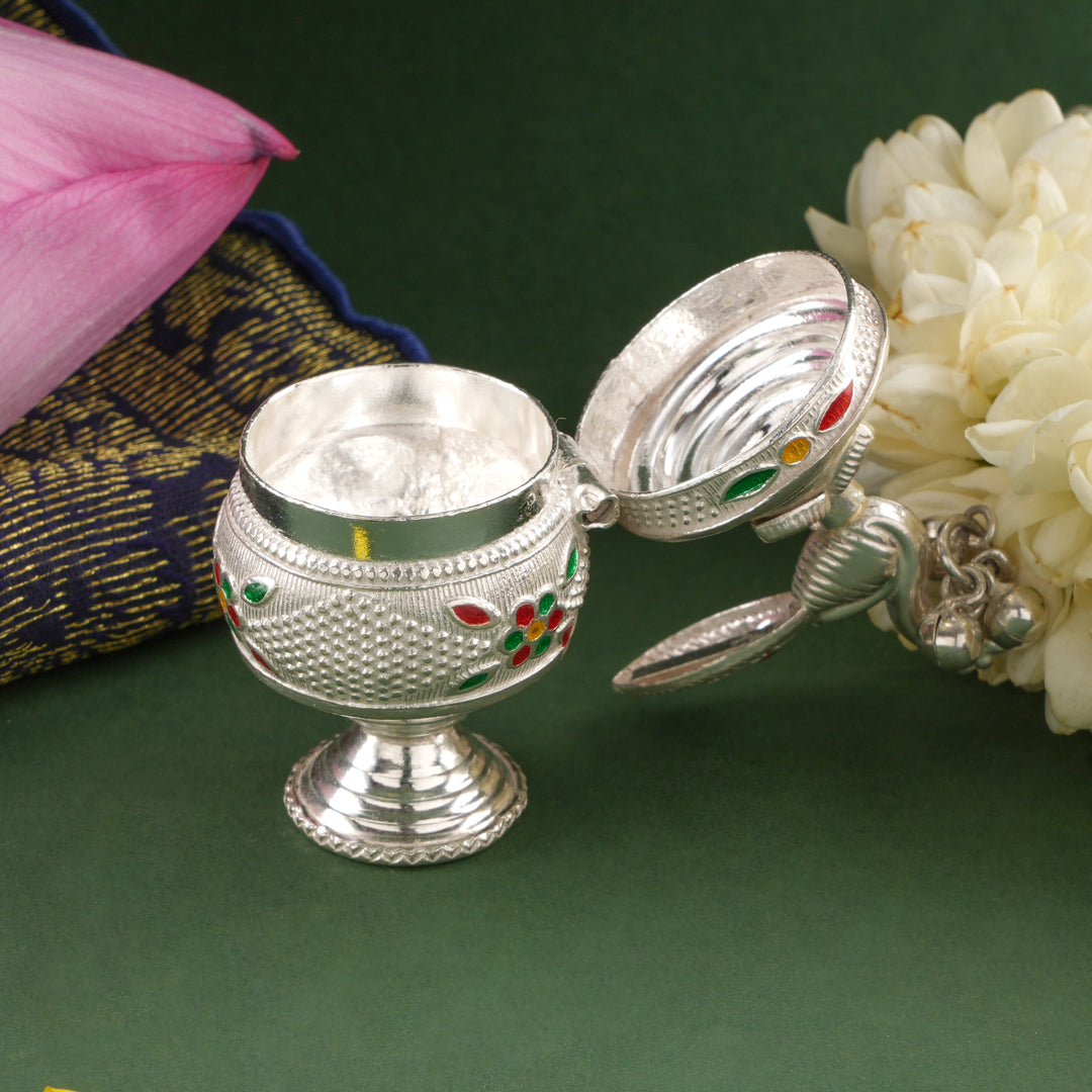 Elegant Peacock Design Silver Kumkum Box