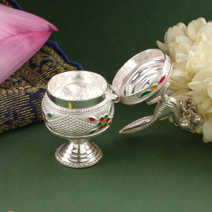 Elegant Peacock Design Silver Kumkum Box