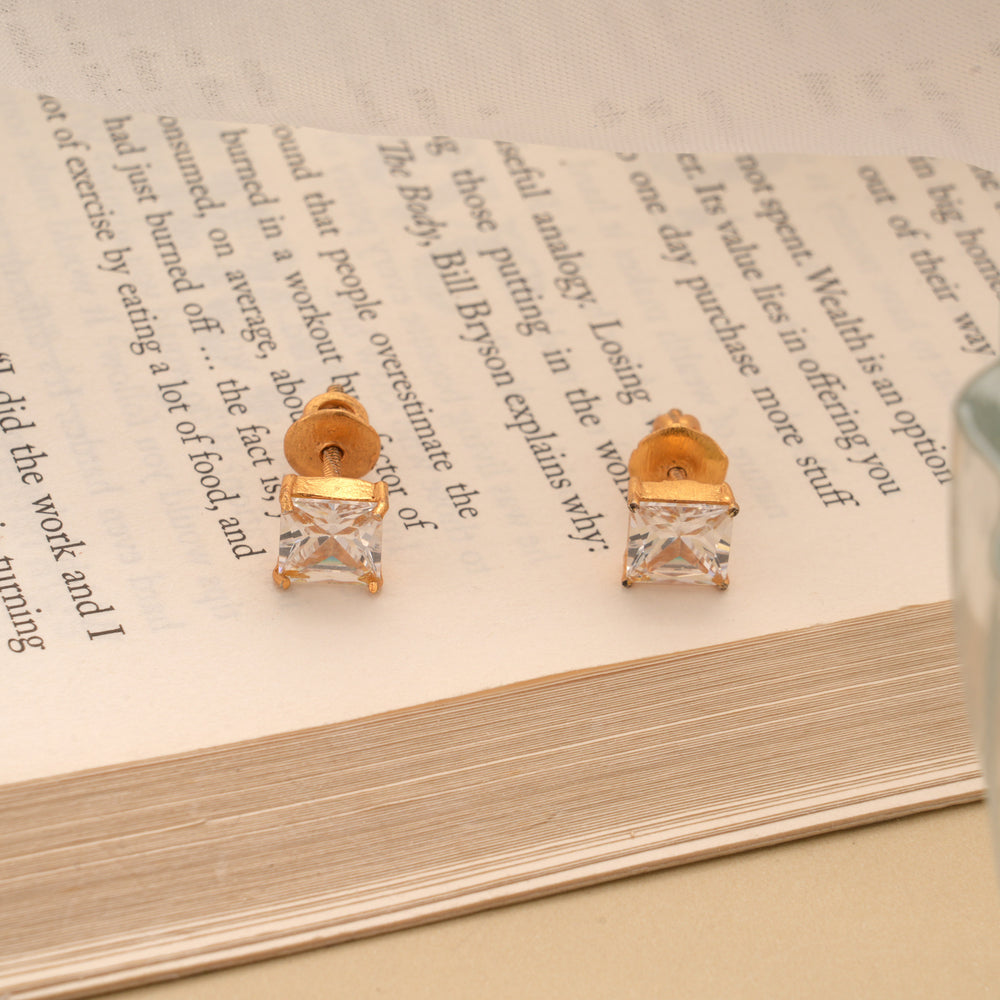 Beautiful Square Shaped Cubic Stone Golden Earring