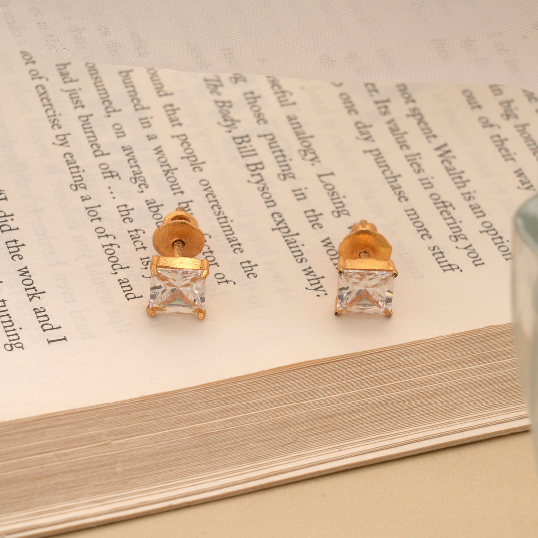 Beautiful Square Shaped Cubic Stone Golden Earring