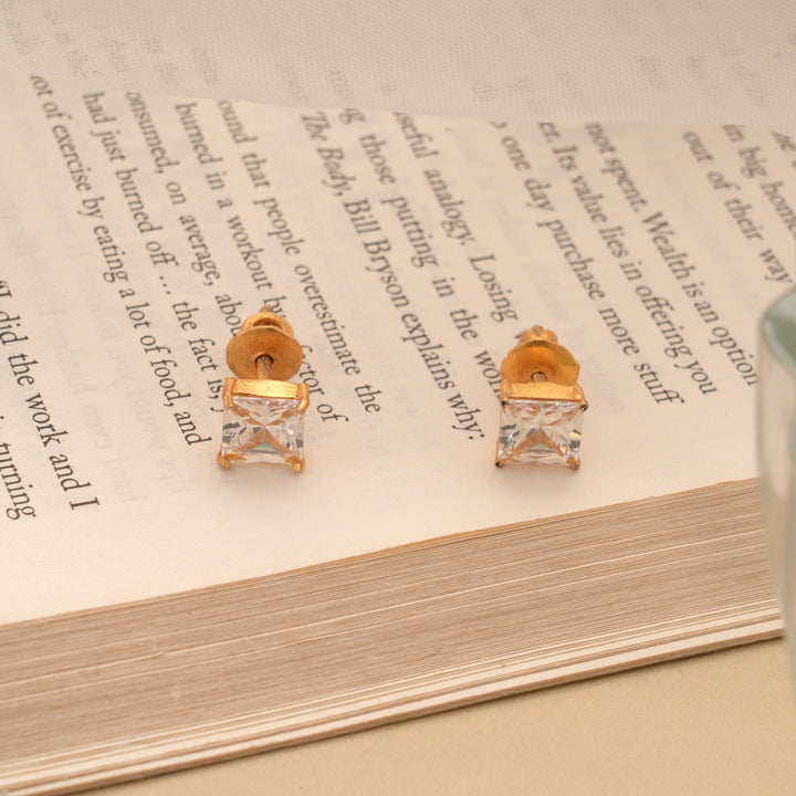 Beautiful Square Shaped Cubic Stone Golden Earring