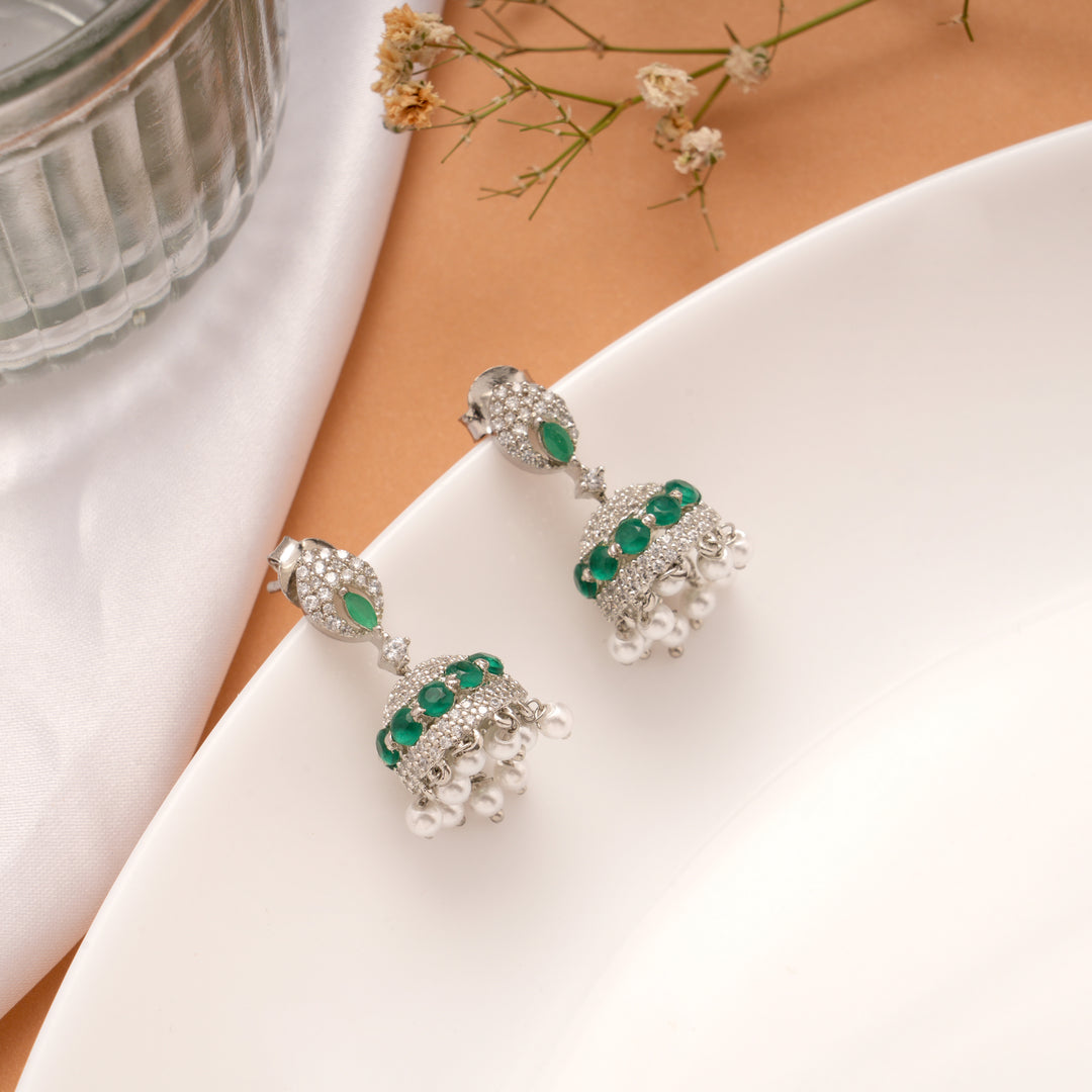 White with Green Stone Silver Jhumka